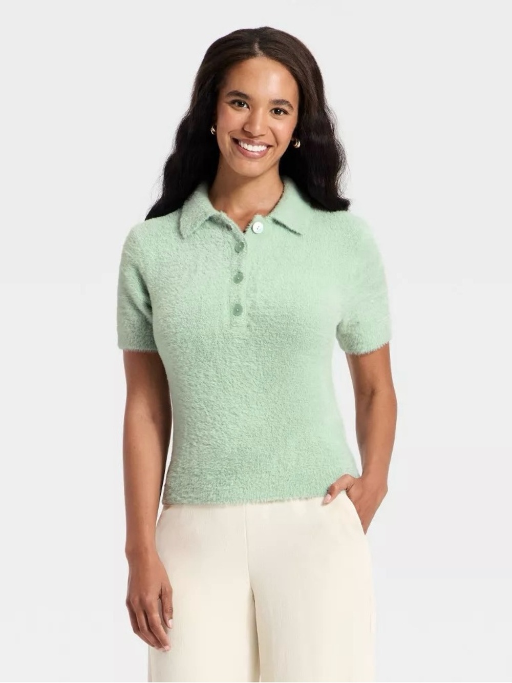 a new day Mint Fuzzy Short-Sleeve Polo Sweater